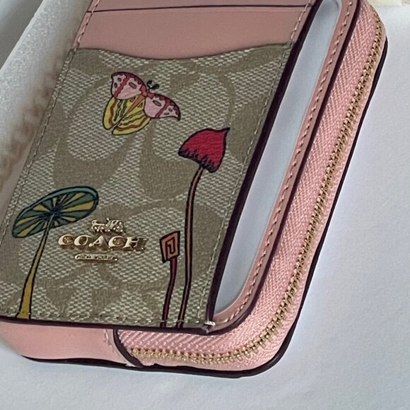 Coach Observed By Us Zip Card Case Khaki Signature Canvas Pink - Picture 7 of 7